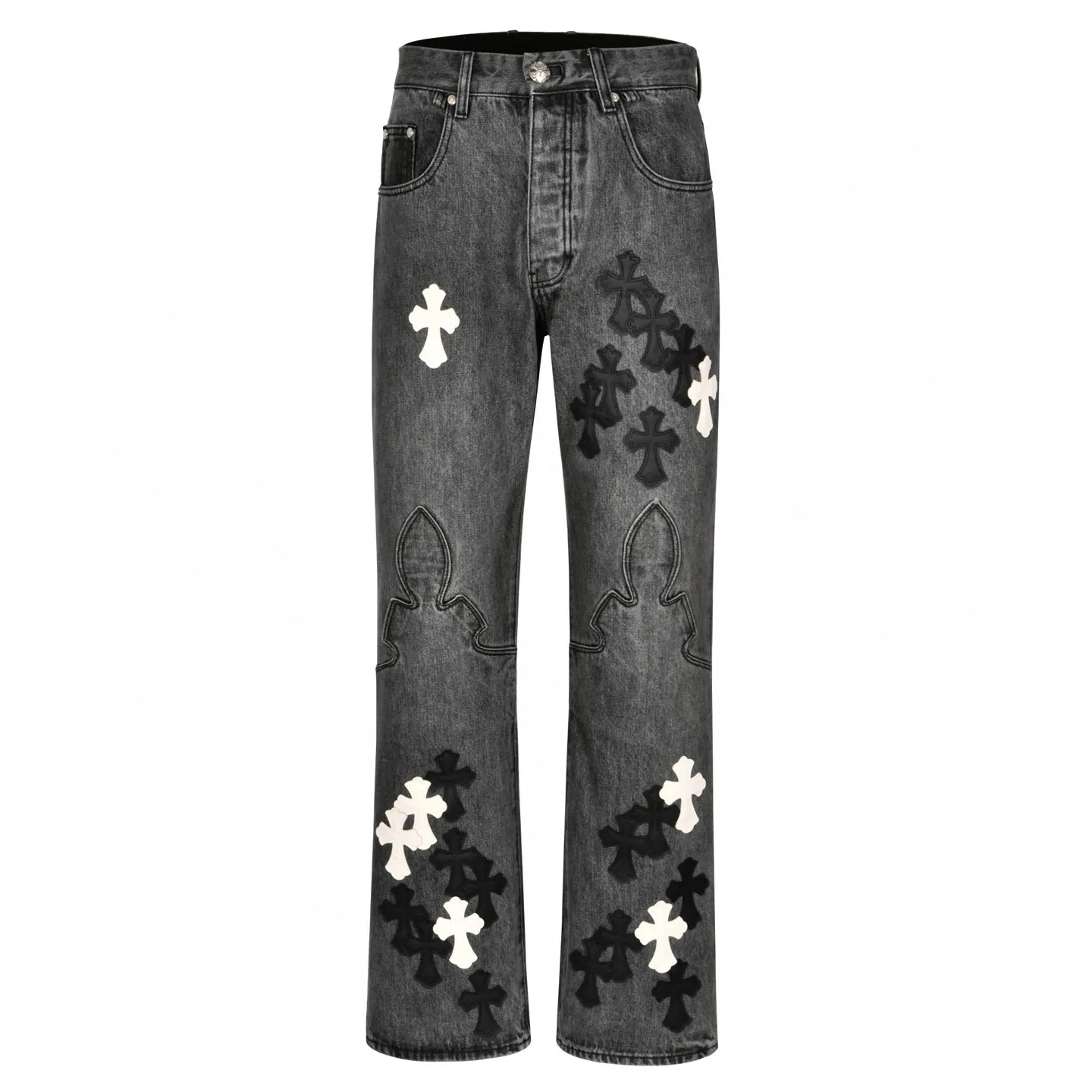 🅿️840 [Exclusive supply] CH Crow Heart Limited Flame Patch Leather Jeans CH This jeans is a store VIP limited edition (can only be purchased by store VIPs) and is not an official website model, so it is even rarer. When we got it back, we found that these pants were different from the usual 501 version. These pants were made from CH's own soleplate, not the 501 soleplate. So I can only customize the fabrics myself and rely on various relationships to get the raw material fabrics. The washing process also took dozens of attempts to finally achieve the effect we wanted. This pair of pants uses a total of 35 pieces of leather, all of which are second-layer cowhide. Therefore, whether the material is leather label or wash label, fabric or hardware, the mold needs to be re-opened and the cross must be sewn manually (for restoration, it can only be done manually) Size: 32-34-36-38